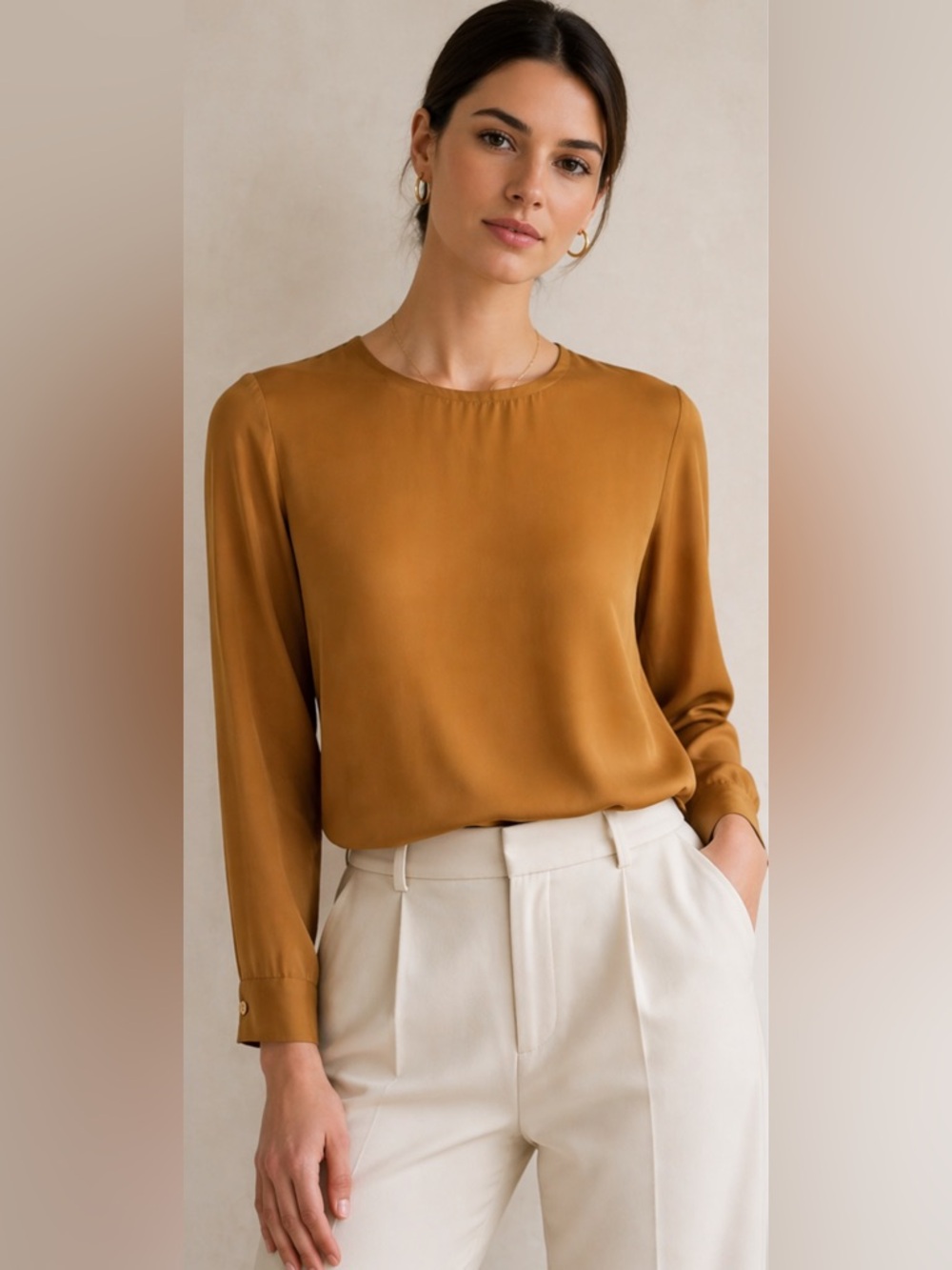 Argenti 100% Silk Blouse Size 6 Camel Brown Minimalist Luxury Top